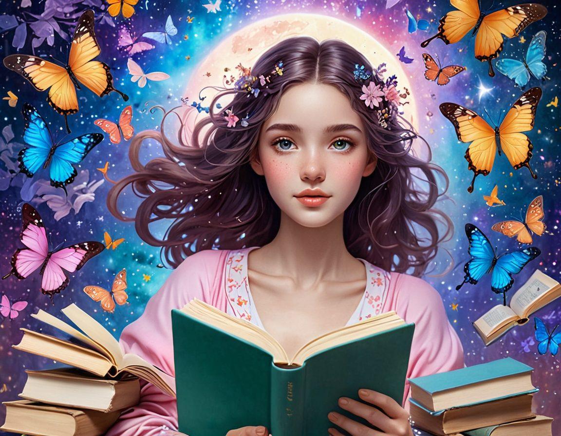 A whimsical scene showcasing an INFP character surrounded by dreamy elements like floating books, colorful butterflies, and swirling stars. The character is depicted with gentle features, expressive eyes, and a splash of vibrant colors in their clothing, embodying creativity and sensitivity. A soft, ethereal background with pastel hues and delicate floral motifs adds to the enchanting atmosphere. super-realistic. vibrant colors. pastel background.