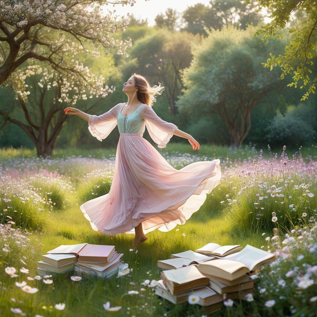 An ethereal landscape showcasing a serene meadow bathed in soft morning light, with dreamlike flowers representing the emotions of INFPs. Feature a whimsical figure with flowing garments, surrounded by floating books that symbolize imagination and introspection. Include gentle pastel colors to evoke a sense of tranquility and wonder. dreamy illustration. pastel colors. soft focus.